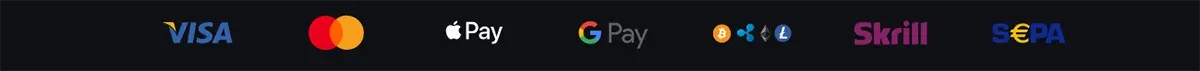 Dark payment methods strip showing logos for Visa, Mastercard, Apple Pay, Google Pay, Bitcoin, Skrill, and SEPA.
