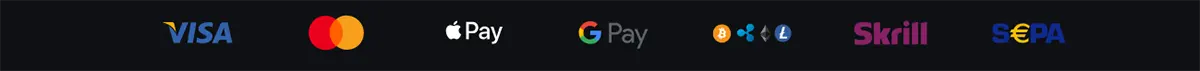 Dark payment methods strip showing logos for Visa, Mastercard, Apple Pay, Google Pay, Bitcoin, Skrill, and SEPA.