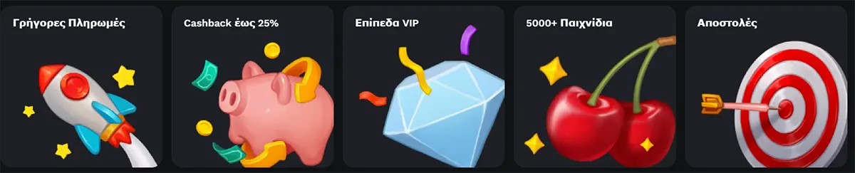 Row of Greek casino feature tiles showing icons for fast payments (rocket), cashback up to 25% (piggy bank), VIP levels (diamond), 5000+ games (cherries), and missions (target with arrow) on a dark background.