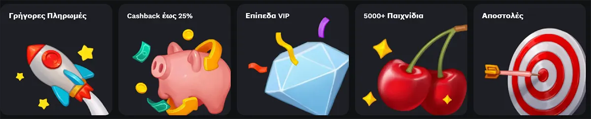 Row of Greek casino feature tiles showing icons for fast payments (rocket), cashback up to 25% (piggy bank), VIP levels (diamond), 5000+ games (cherries), and missions (target with arrow) on a dark background.